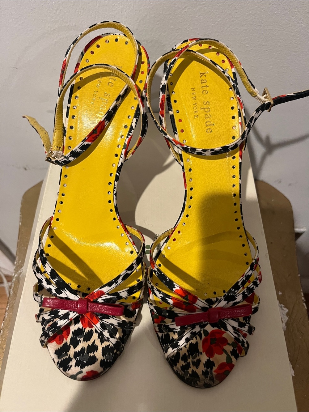 kate spade Yellow Floral Leopard-Print Ankle Strap Heels